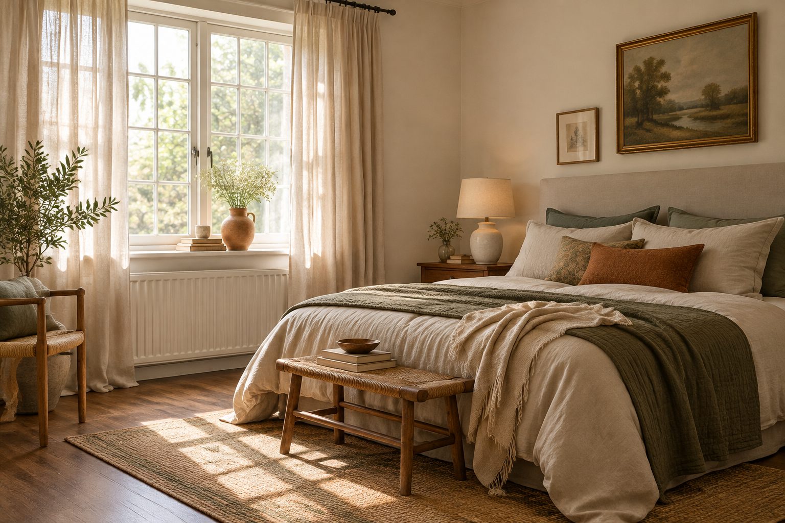 A sunlit bedroom with oatmeal linen, a deep green throw and a wooden bench.