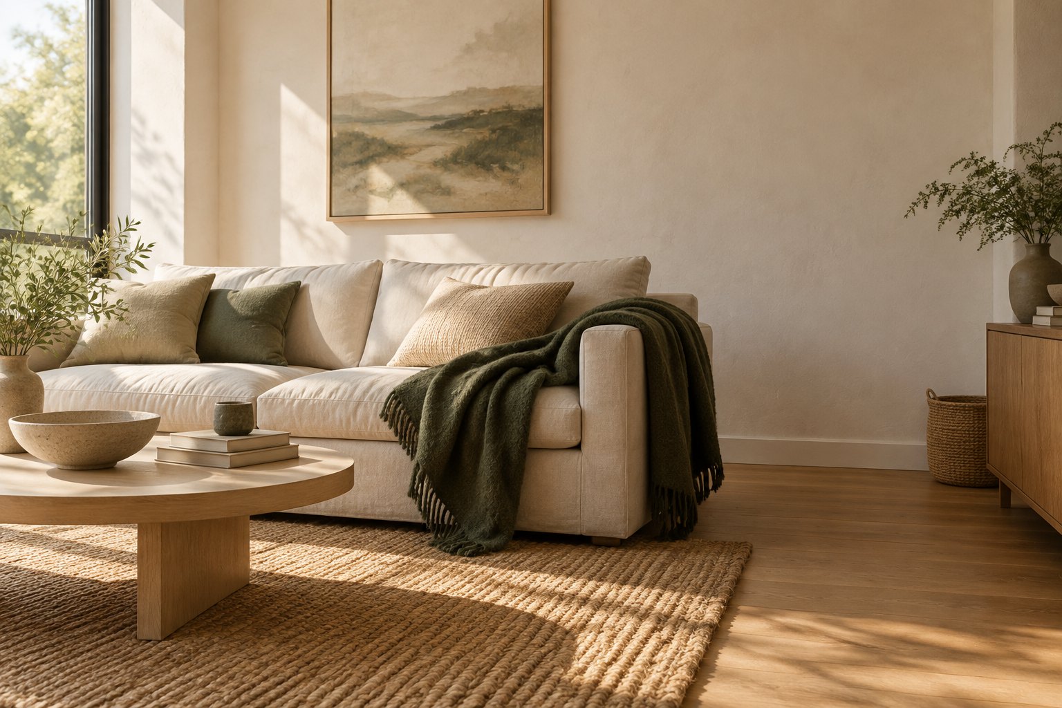 A sunlit living corner with linen seating, oak and a deep green throw.