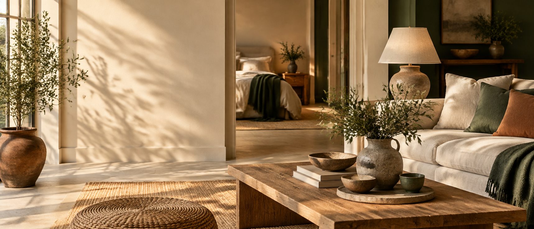 A quiet living room corner with a green sofa and warm morning light.hero