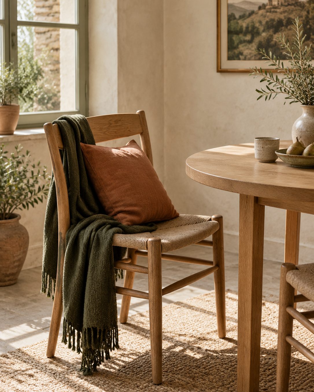A wooden chair and small oak table in warm daylight.