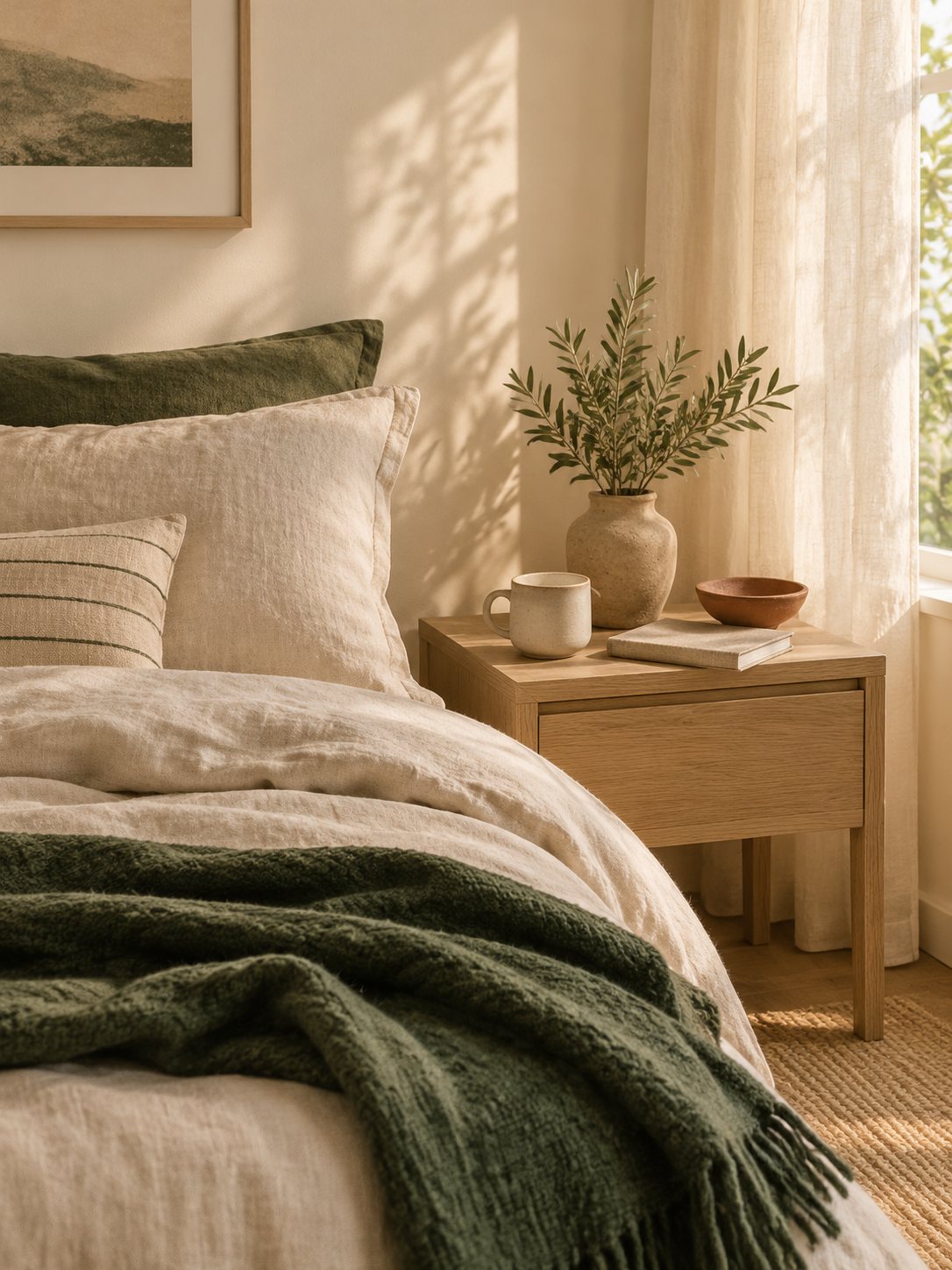 A bedroom corner with oatmeal linen, a deep green throw and an oak nightstand.