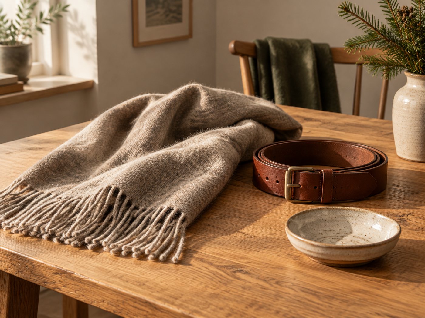 A wool scarf, leather belt and small pouch on an oak table.