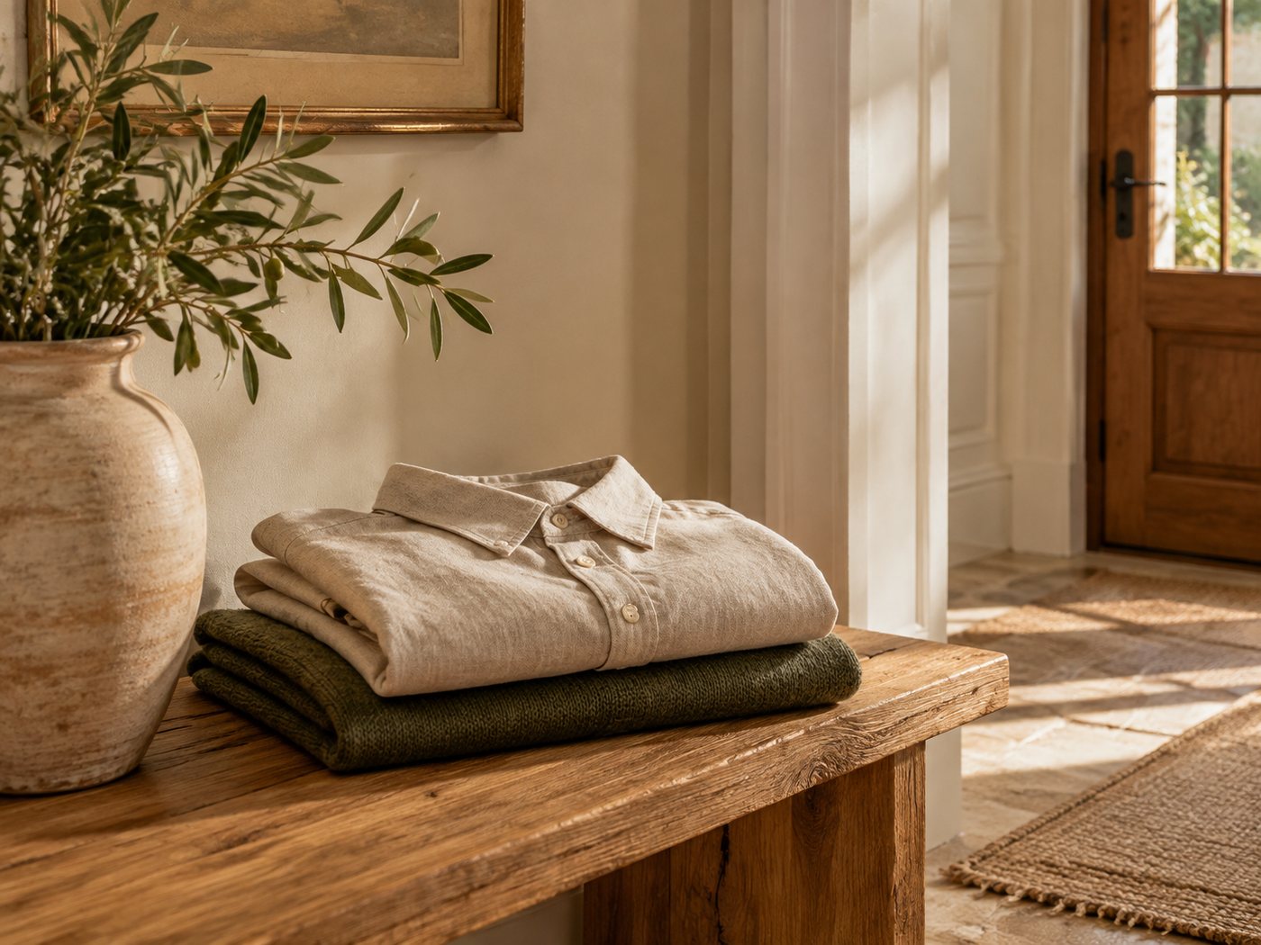 A folded oatmeal linen shirt and green knit on an oak bench.