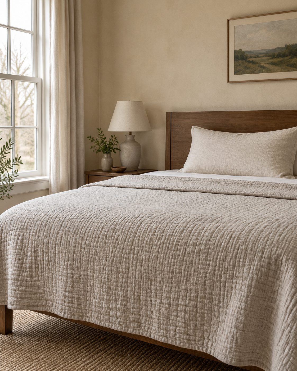 Cream bedding folded on a bed.