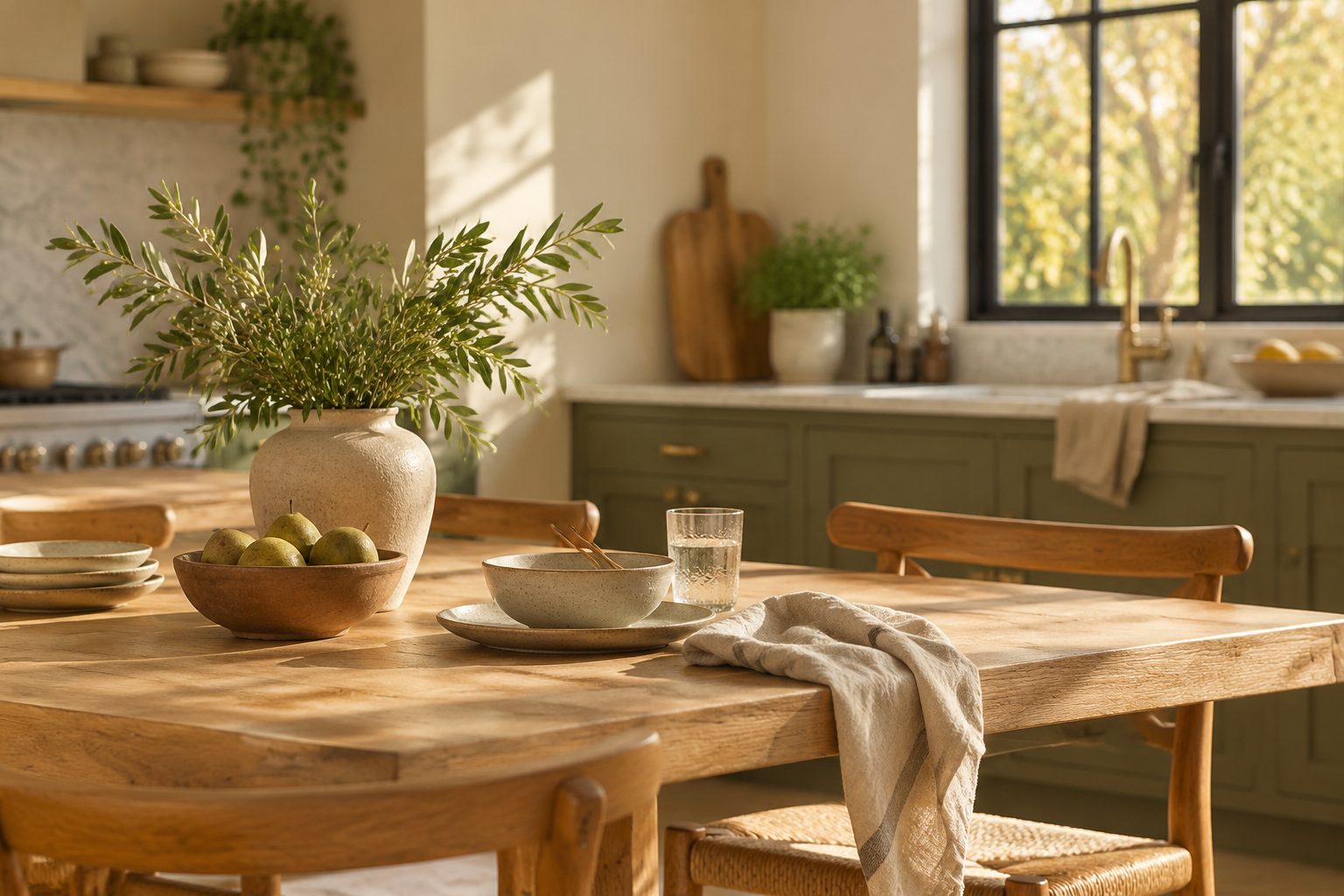 A wooden dining table set with ceramics in morning light.