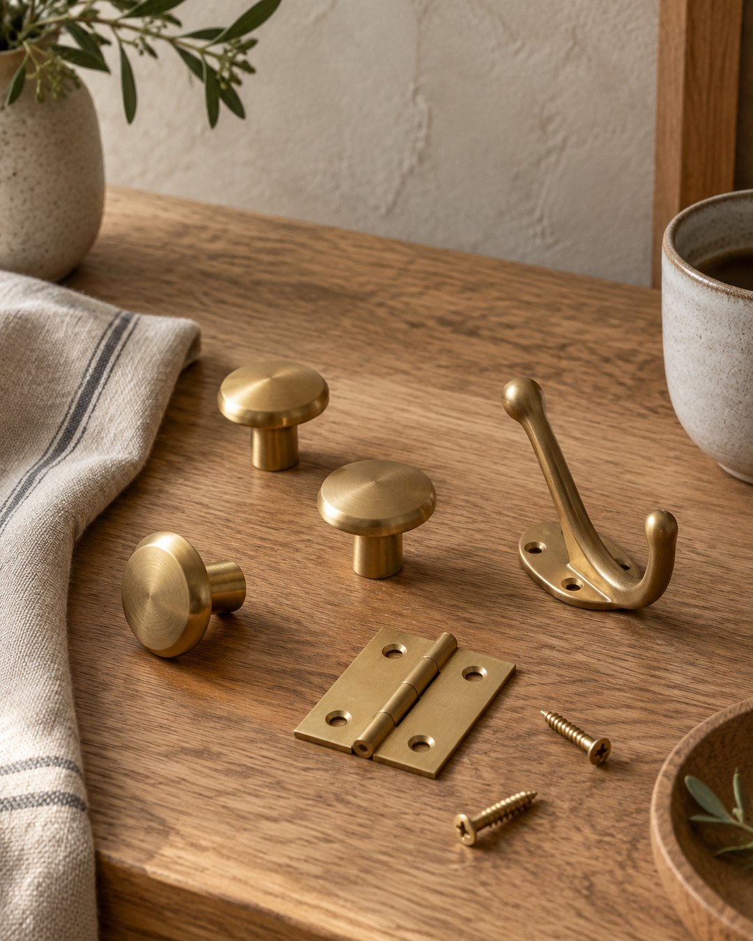 Brass knobs, a hook and a hinge on an oak table.