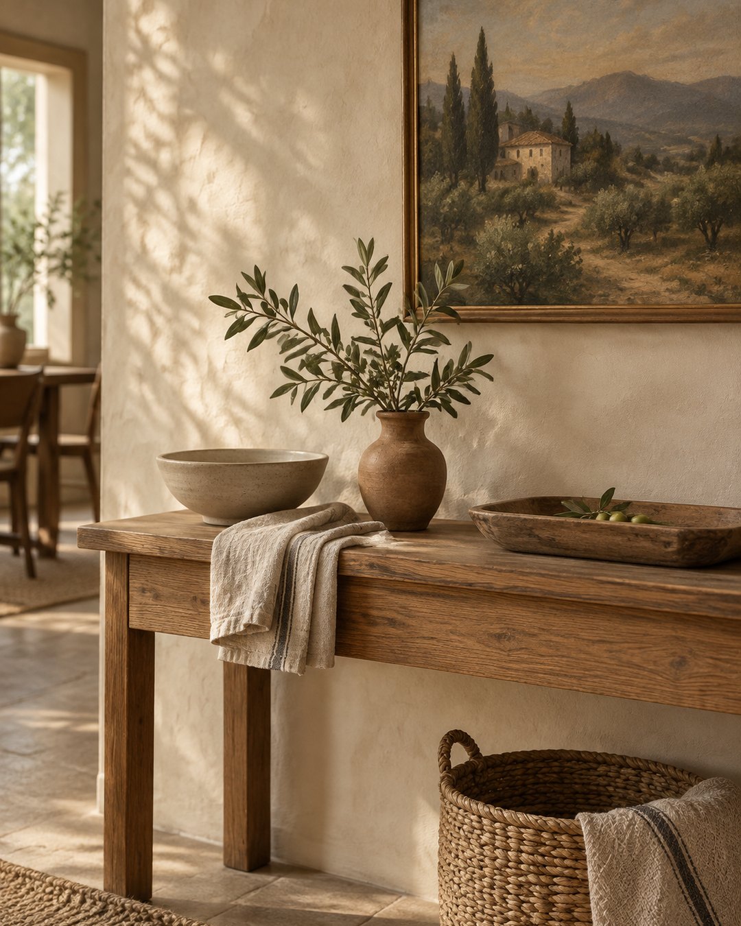 An oak console with a ceramic bowl, clay vase and olive branches. No lamp.