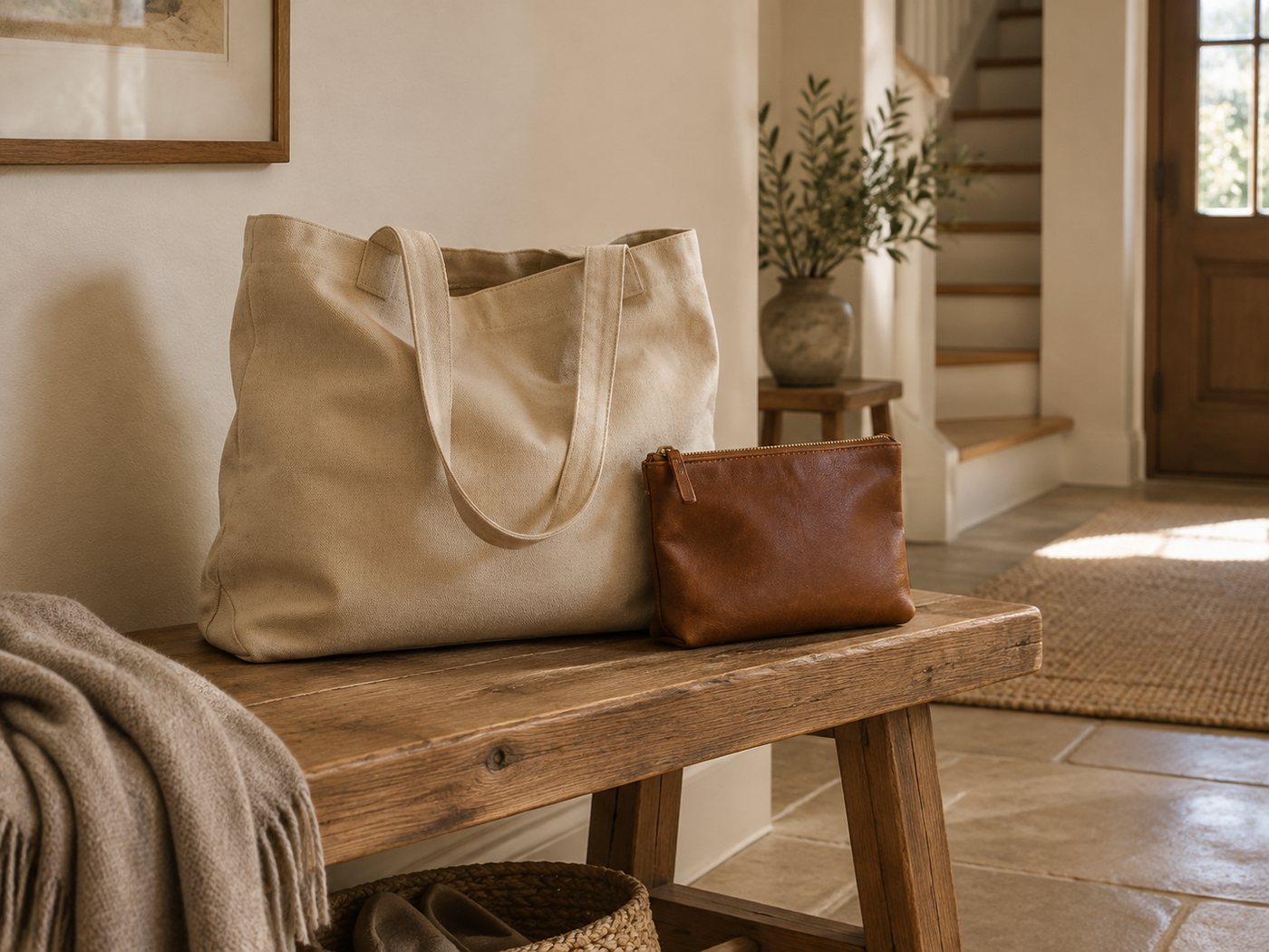 A canvas tote and leather pouch on a wooden bench.
