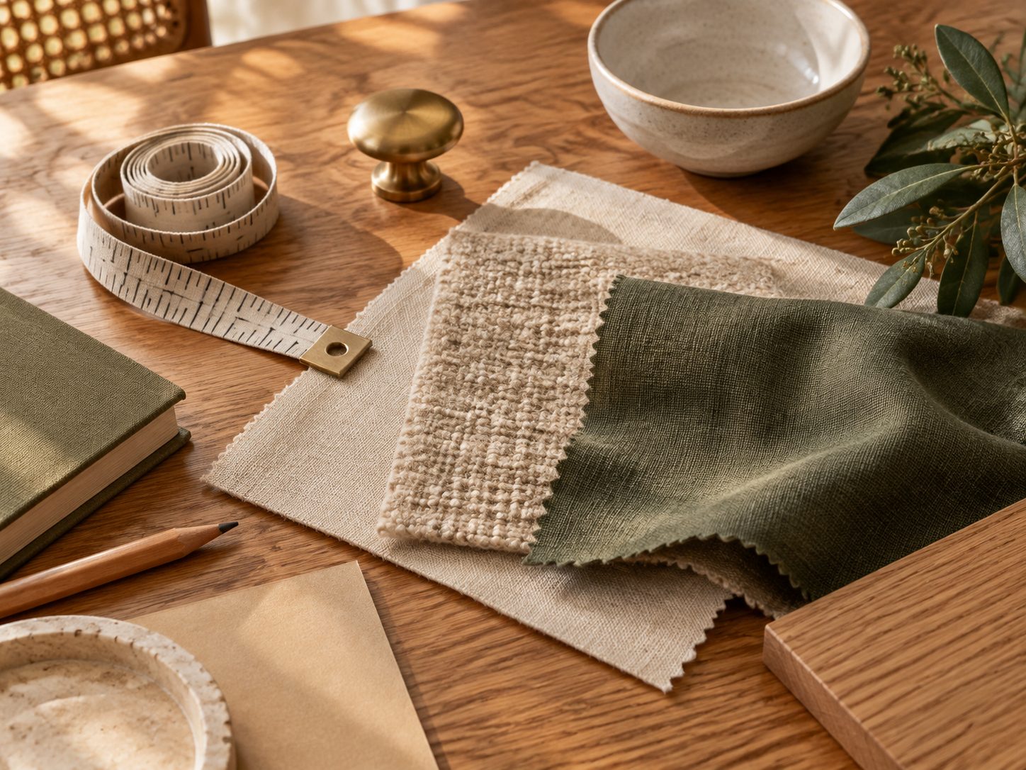 Linen and spruce fabric swatches, a tape, brass hardware and a ceramic bowl on an oak table.