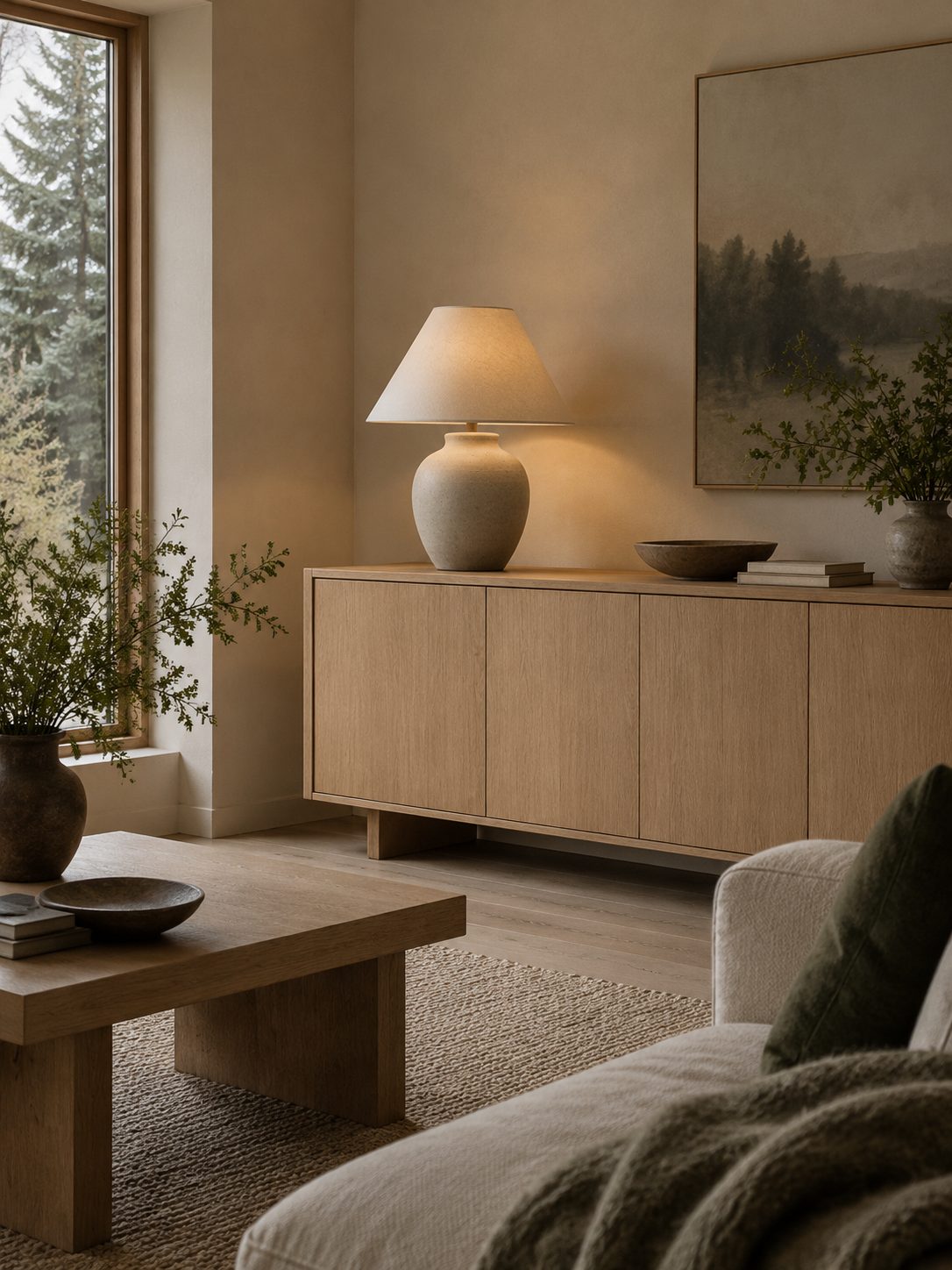 A pale oak sideboard in a quiet room.