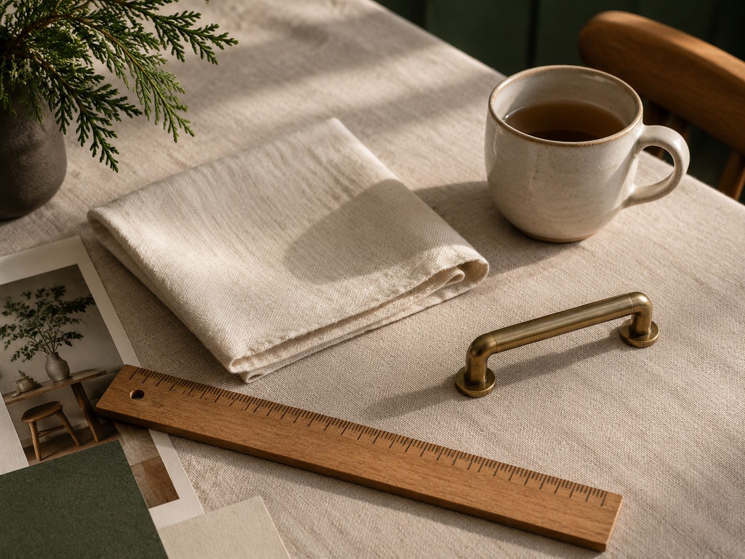 A wooden ruler, folded linen, brass pull and ceramic cup.