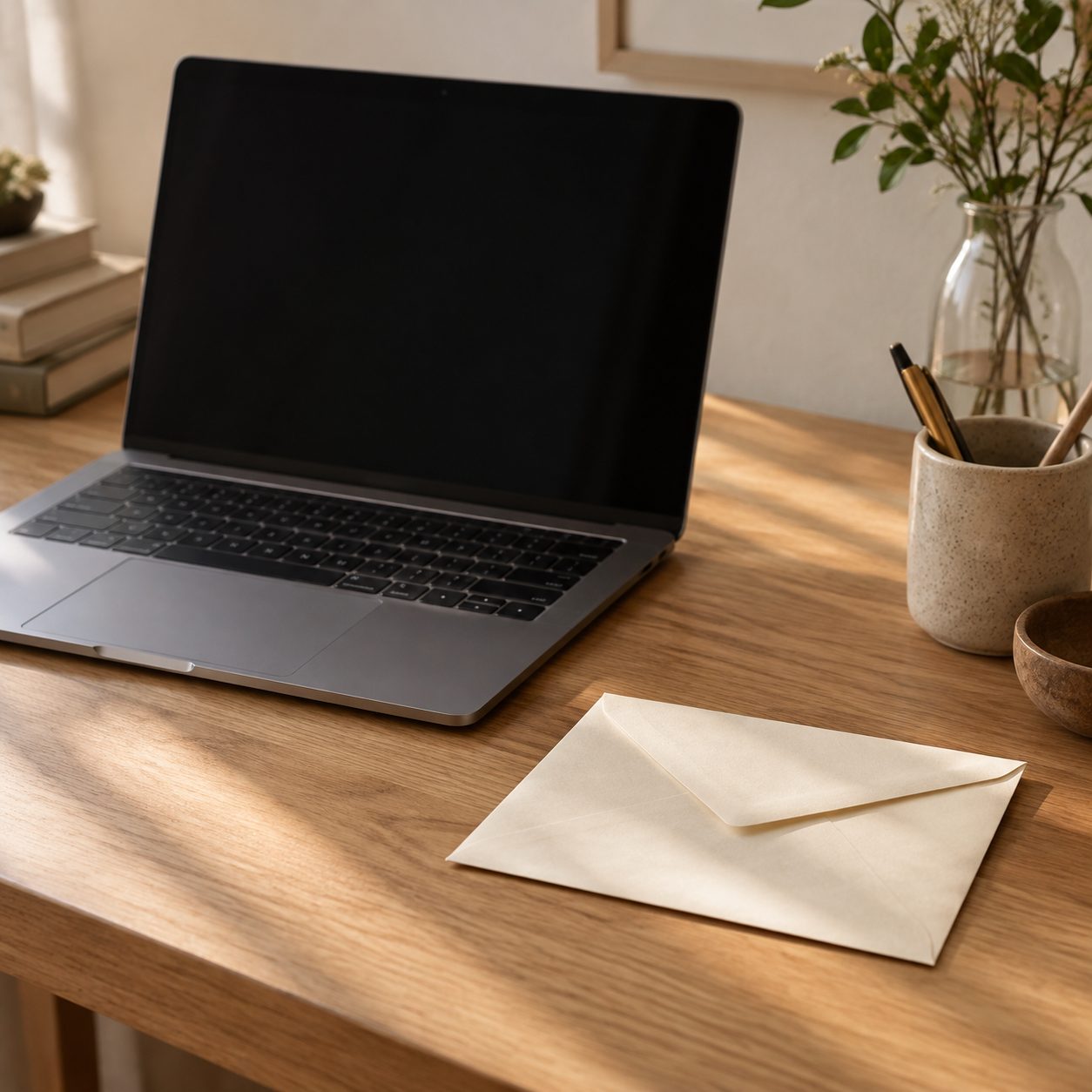 A ceramic cup beside a closed notebook.