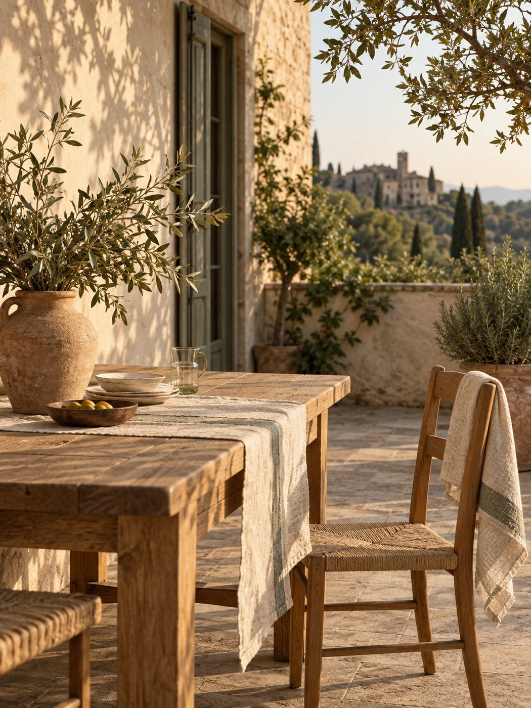An oak terrace table with linen, olives and a clay vase.