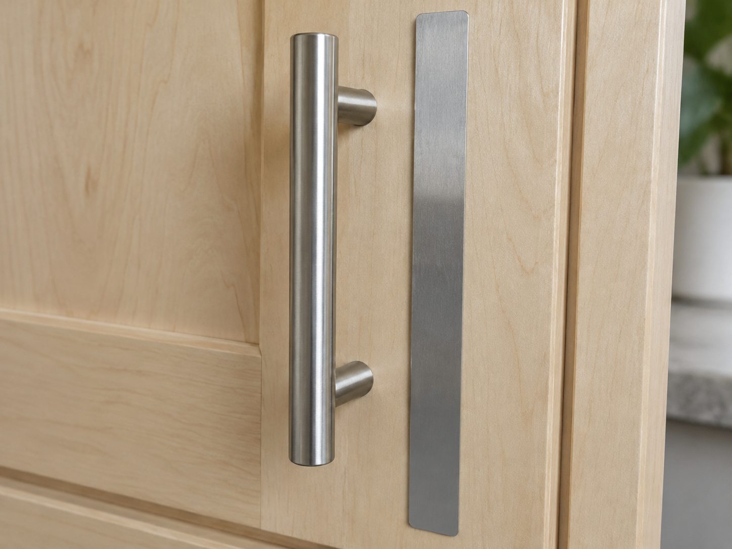 A brushed metal cabinet pull beside an unmarked ruler.