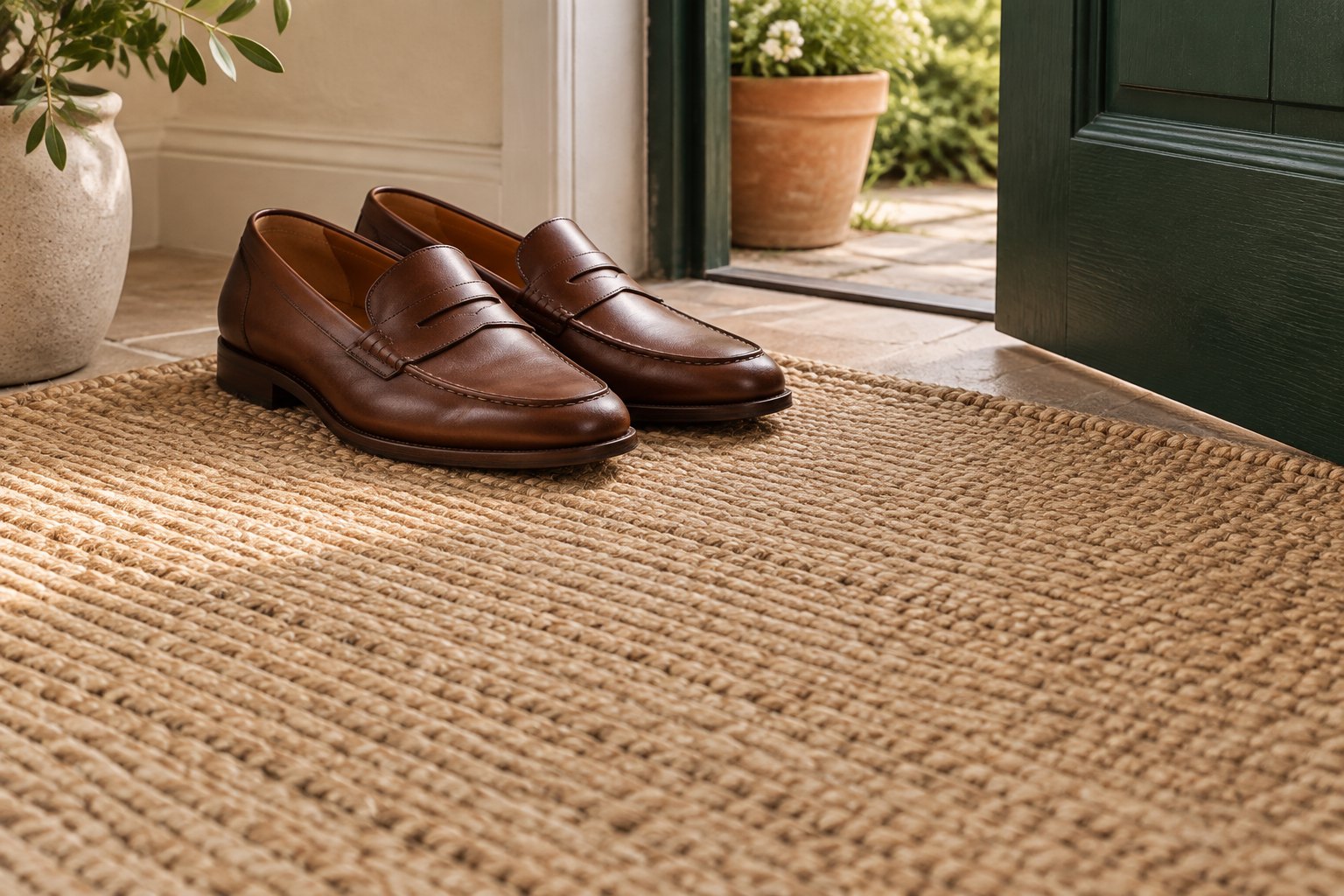 A pair of brown leather loafers on a jute rug by an open green door.