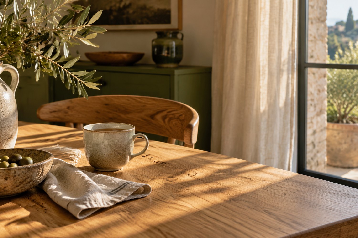 A sunlit oak table with a ceramic cup, linen and olive branches.