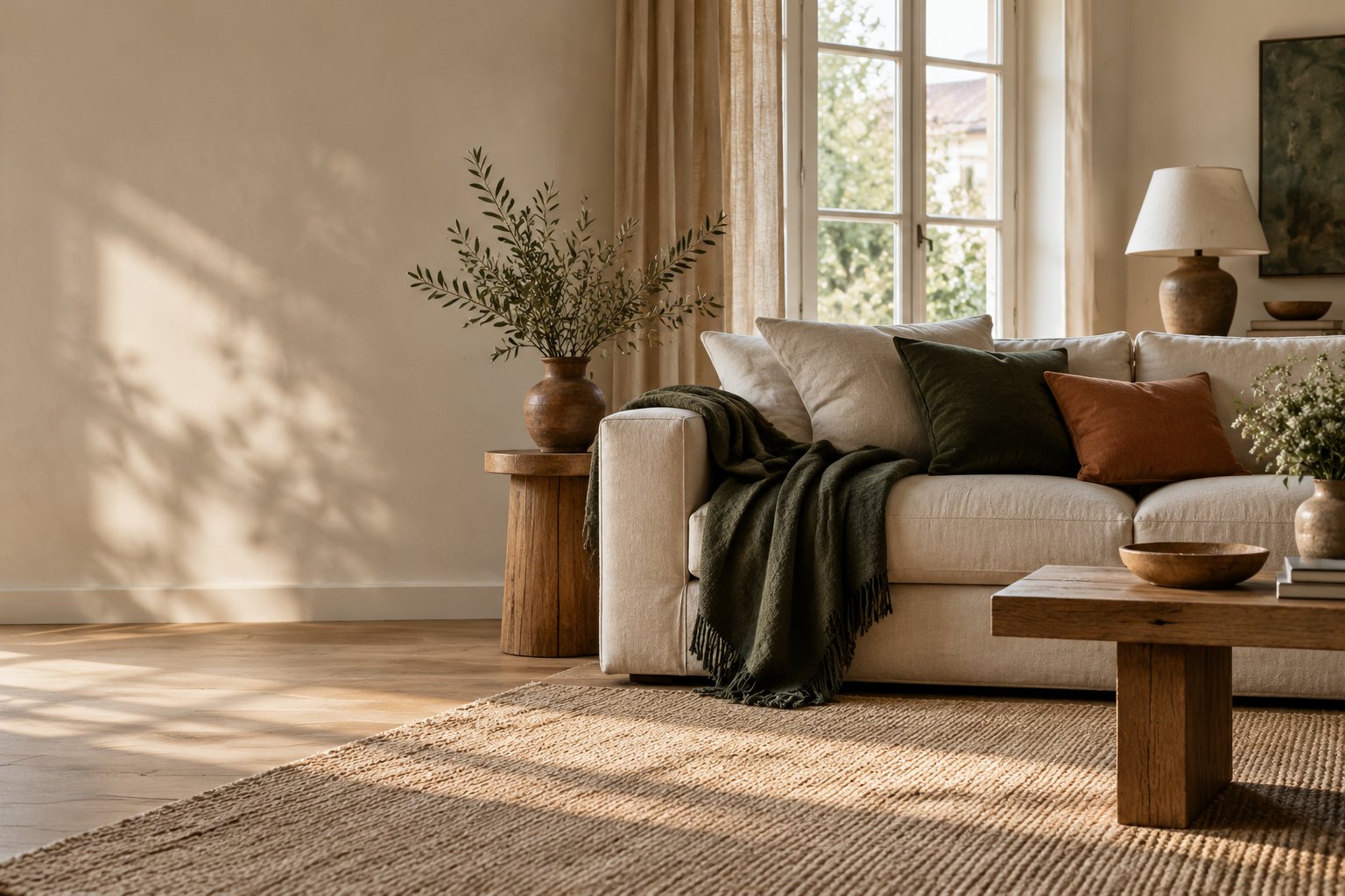 A sunlit living room with linen seating, a deep green throw and oak.